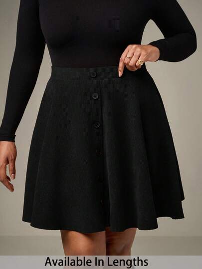 SHEIN Tall CURVE Plus Size Solid Color Front Button Minimalist A-Line Skirt, Casual Daily Wear