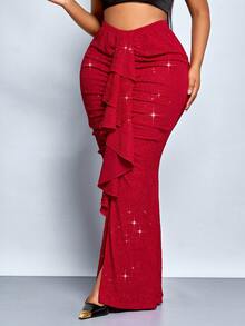 SOLERSUN 大码女式纯色褶皱拼接荷叶边美人鱼优雅中长裙，优雅、舒适、休闲时尚的通勤裙，2026新款，适合日常穿着、音乐节、派对、约会、中国红、情人节、春夏、圣帕特里克节、复活节、四叶草、街头风、海滩度假、野餐、教师节、母亲节、西式、波西米亚风，端庄、仙气十足。 - 紅色 - 查看 2