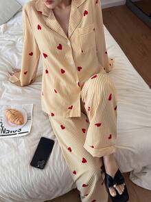 Dream Adore 条纹爱心印花翻领长袖长裤女士睡衣套装 - 黃色 - 查看 3