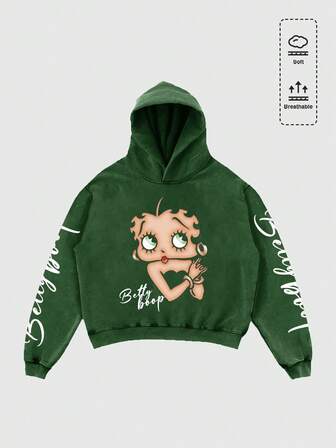 Betty Boop | ROMWE Sudadera holgada con gráfico de letras y números lavados para hombre