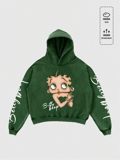 Betty Boop | ROMWE Felpa con cappuccio oversize da uomo con grafica di lettere e numeri lavati