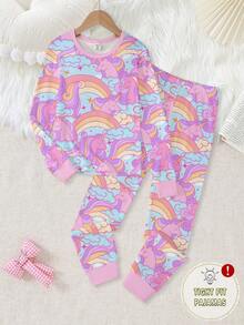 女童独角兽、彩虹、云朵和星星印花撞色针织弹力柔软舒适长袖上衣和打底裤两件套睡衣套装 - 彩色 - 查看 3