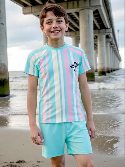 2pcs/Set Tween BoysMulti-Color Striped Quick Dry Elastic Knit Fabric Beachwear Set, Suitable For Beach, Pool, Seaside, Surfing, Vacation, Summer, Travel Tween Swimsuit Rashguard Boy Rash Guard Junior Surf Swimwear Tween Beach Wear Swim Shirt And Shorts Set