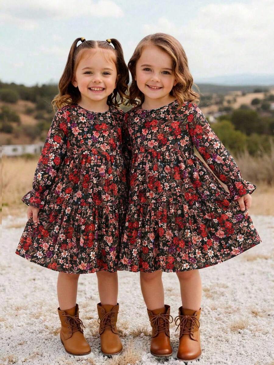 SHEIN Young Girl Young Girl Twins Girl Ditsy Floral Round Neck Puff ...