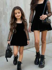 Firerie Kids 年轻女孩优雅提花网眼泡泡袖方领黑色天鹅绒连衣裙