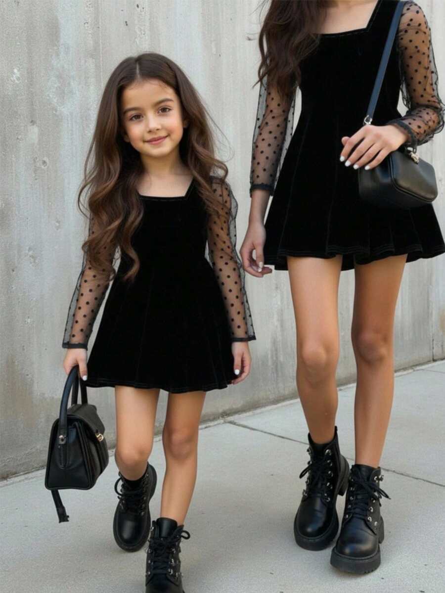 Firerie Kids 年轻女孩优雅提花网眼泡泡袖方领黑色天鹅绒连衣裙