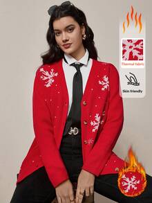 Zelara 大码女式秋冬红色圣诞长袖羊毛开衫，雪花图案，保暖舒适，适合秋冬季节、圣诞节、新年、感恩节等各种场合。 - 紅色 - 查看 13
