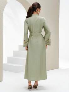 Al Najma New Elegant Beaded Embroidery Patchwork Cinched Waist Dress, High-End For Party, Gathering, Vacation - Green - View 6
