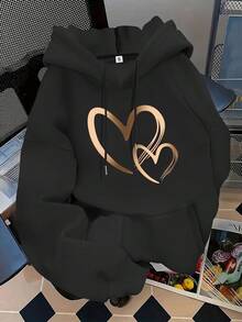 Mujer estilo casual sudadera estampado corazón tejido mezcla color sólido holgada capucha manga larga otoño invierno diario exterior - Negro - Ver 1