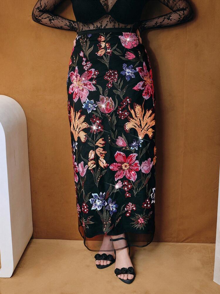 Valentine Elegant Fashionable Sequin Embroidered Plus Size Women's Midi Skirt, Suitable For Festivals, Elegant, Spring, Summer