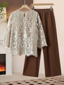 Franclia Women's Fashionable Lightweight Top And Wide Leg Pants 2 Pieces Set - Apricot - View 2