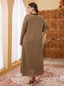 Lacomfia Plus Size Women Casual Loose Fit Crew Neck Textured Patchwork Maxi Sweater Dress, Autumn/Winter - Multicolor - View 2