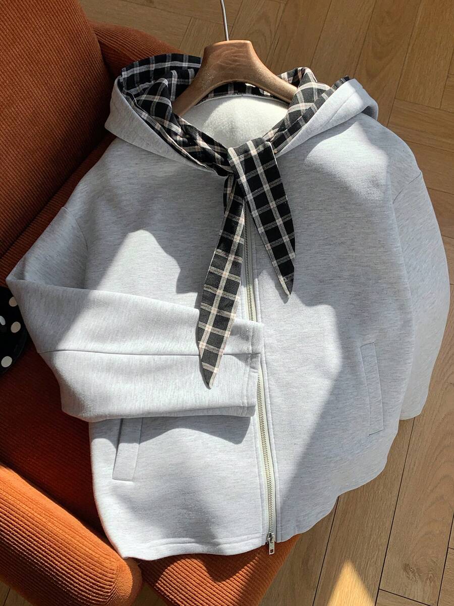 Comfortcana Women's Casual Commuting School Style Patchwork Plaid Knot Collar Zip-Up Hooded Fleece Sweatshirt, Warm For Autumn/Winter - Grey - View 1