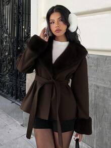 MainGRL Women's Fashionable & Elegant Coffee Brown Suede Blend Jacket, Suitable For Autumn/Winter Outings, Back To School And Daily Wear, Women's Winter Clothing - Coffee Brown - View 5