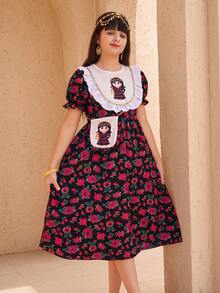 SHEIN 传统阿拉伯少女长袍，黑色底色，饰以复古红色花卉印花，配有彼得潘领、卡通图案和配套可爱小包，甜美时尚，适合日常穿着、节日庆典、拍照等各种场合，符合当下“花卉碰撞、趣味细节、整体造型”的少女流行趋势。 - 鏽棕色 - 查看 3