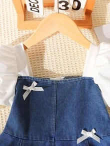 Tween Girls' Summer Casual Fashionable Dress, White Textured Bow Decor, Puff Sleeves, Denim Patchwork, Suitable For Summer Back To School, Sweet & Lovely Lady-Like Daily, Vacation, Travel, Photo Shoot Fall Winter - Multicolor - View 4