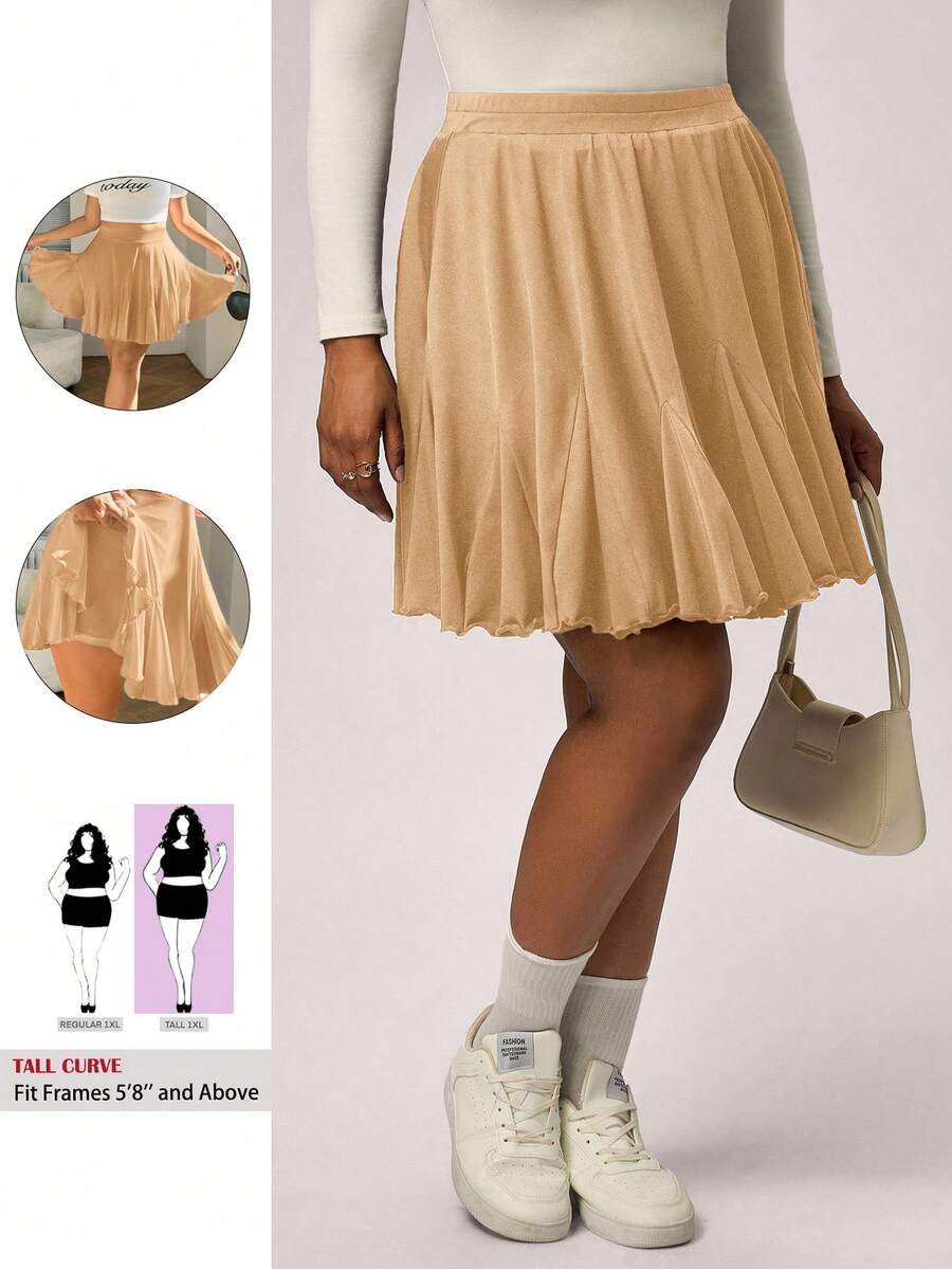 SHEIN Tall CURVE Plus Size Black Casual Loose A-Line Skirt, Fashionable, Black Ruffle Skirt, Shorts - Camel - View 1