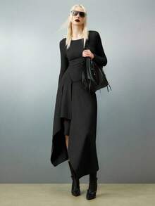 Airlisse Váy dài tay không đối xứng màu trơn đơn giản dành cho nữ, mùa thu - màu đen - Xem 1