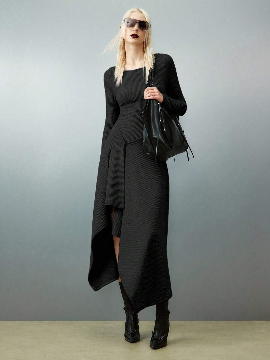 Airlisse Váy dài tay không đối xứng màu trơn đơn giản dành cho nữ, mùa thu - màu đen - Xem 1