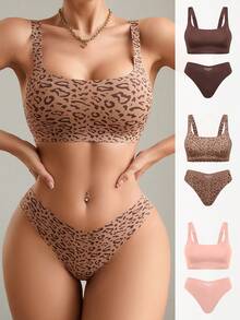 6pcs Women's Casual Comfortable Minimalist Fashion Leopard Print Unlined Wireless Bra And Low-Waist Thong Panty Set