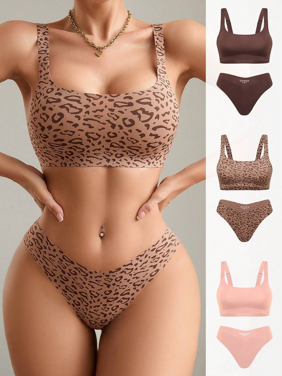 6pcs Women's Casual Comfortable Minimalist Fashion Leopard Print Unlined Wireless Bra And Low-Waist Thong Panty Set
