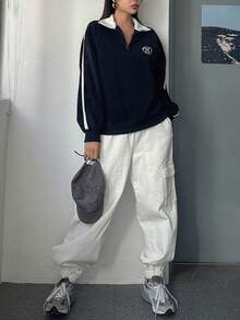 FRIFUL Women's Side Striped Letter Embroidered Raglan Sleeve Sweatshirt - Navy Blue - View 6