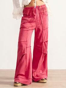 Bohemela BOHO Winter Christmas New Year Casual Solid Color Knit Loose Flare Pants For Women - Red - View 3