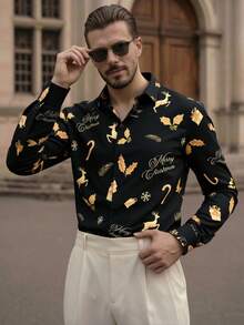 Manfinity VCAY Men Leaf & Deer All-Over Print Front Button Casual Long Sleeve Shirt, Christmas Long Sleeve Button Up Black Shirt, New Year Glamour - Black - View 1