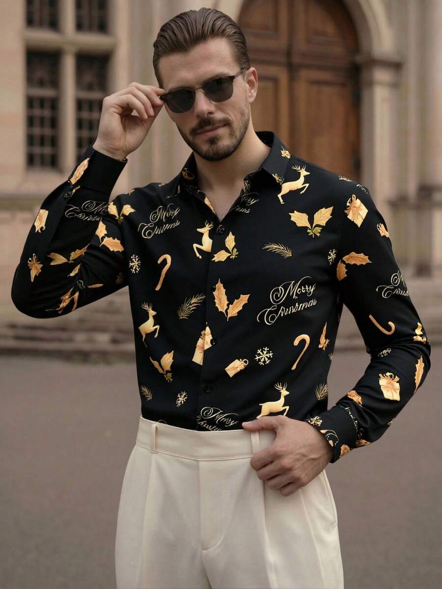 Manfinity VCAY Men Leaf & Deer All-Over Print Front Button Casual Long Sleeve Shirt, Christmas Long Sleeve Button Up Black Shirt, New Year Glamour - Black - View 1