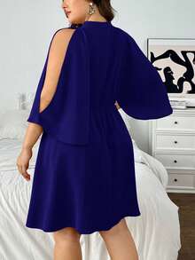 SHEIN Privé 大码女式休闲蝙蝠袖露肩连衣裙，酒红色宽松A字连衣裙，适合婚礼、度假等场合，新品上市 - 藍色 - 查看 2