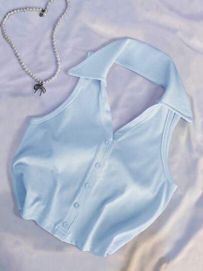 INAWLY Áo thun polo cổ bẻ hở lưng cổ chữ V không tay màu xanh thời trang đường phố giản dị dành cho nữ