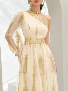 Al Najma Damen Asymmetrischer Ausschnitt Mesh Patchwork Elegantes Langarm Arabisches Kleid - Gelb - Übersicht 4