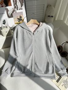 SHEIN 女士落肩长袖拉链休闲连帽衫 - 灰色 - 查看 1