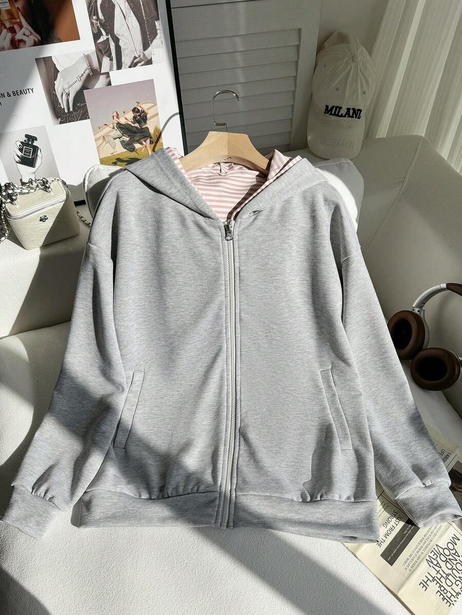 SHEIN 女士落肩长袖拉链休闲连帽衫 - 灰色 - 查看 1
