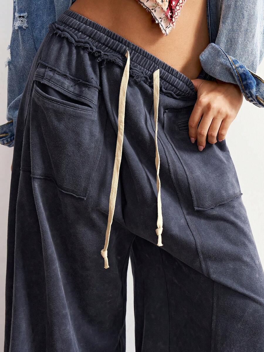 Bohemela Quần nỉ ống rộng dệt kim trơn màu đơn giản dành cho nữ - Xám - Xem 1