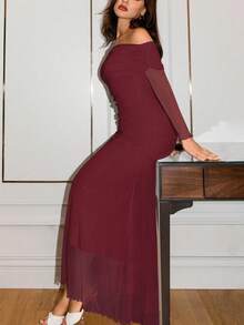 Modelyn 大码女式白色网纱露肩褶皱腰身优雅婚礼/场合连衣裙 - 酒紅色 - 查看 4