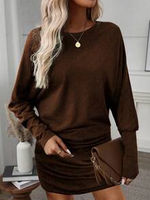 EMERY ROSE Autumn/Winter Fashion New Casual Long Sleeve Drop Shoulder Ruched Hem Bodycon Dress - Coffee Brown - View 4
