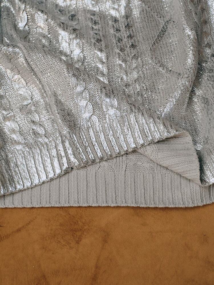 Valentine Plus Size Women Retro Elegant Plus Size Round Neck Cable Knit Pullover Sweater, Metallic Foil Club, Light Gray Top