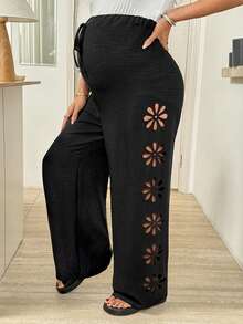 SHEIN Adjustable Waist Hollow Out Fashionable Versatile Wide Leg Pants For Pregnant Women Wide Leg Pants Set Two Piece Set Women Comfy 2 Piece Pants Set Women Pants Set Palazzo Pants Women,Maternity Clothes Flowy Pants Maternity Pants - Black - View 5