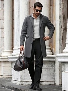 Manfinity Mode Men's Plus-Size Front-Button Long-Sleeve Pocket Casual Outdoor Business Coat, Suitable As A Gift For Friends, Husbands, Or Boyfriends; Men's Black Trench Coat, Men's Double-Breasted Coat, Men's Belted Coat, Men's Casual Coat, Men's Trench Coat, Men's Suit Coat, Men's Gray Coat, Autumn And Winter Style. Men Long Coat Overcoat Men Suits For Men Elegant Outfits For Men Mens Walking Suits - Dark Grey - View 4