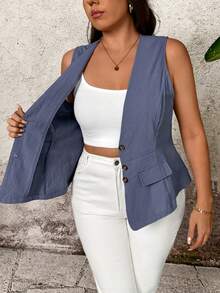 EMERY ROSE Plus Size V-Neck Sleeveless Vest For Women, Slim Fit, Workwear Essential Top - Blue - View 5