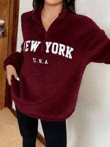 SHEIN EZwear 女款紐約字母圖案立領抓絨衛衣與緊身內搭褲套裝，酒紅色，秋季，休閒，校園，居家穿搭，黑色 - 酒紅色 - 查看 5