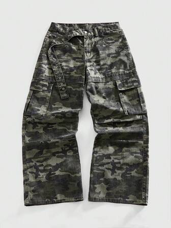 Grunge Punk Pantalones vaqueros cargo con cinturón y estampado de camuflaje para hombre, ropa de trabajo informal