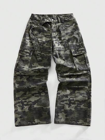 Grunge Punk Jeans cargo avec ceinture à imprimé camouflage pour hommes, tenue de travail décontractée