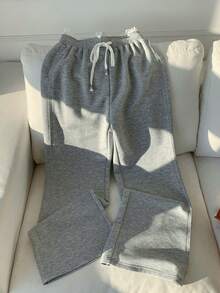 Comfortcana 女士休闲日常通勤撞色蕾丝纸袋腰宽松阔腿运动裤 - 灰色 - 查看 3