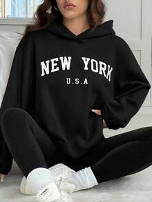 SHEIN EZwear 女士新款字母刺绣连帽衫和加厚打底裤两件套，秋冬季保暖套装 - 黑色 - 查看 3