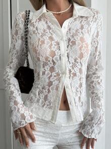 Livesso Lace Hollow Out Cardigan Blouse, Casual Street Style Vacation Shirt, Long Sleeve Top For Women, Suitable For Autumn, Spring, Summer - White - View 1