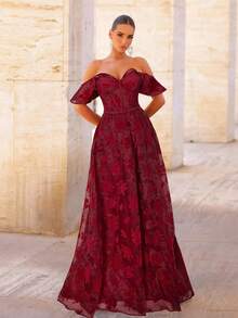 Glamrae Váy dạ hội trang trọng dài đến đầu gối xếp nếp cổ tròn bằng vải organza jacquard màu đen thanh lịch và sang trọng - Màu Đỏ Sâu - Xem 1