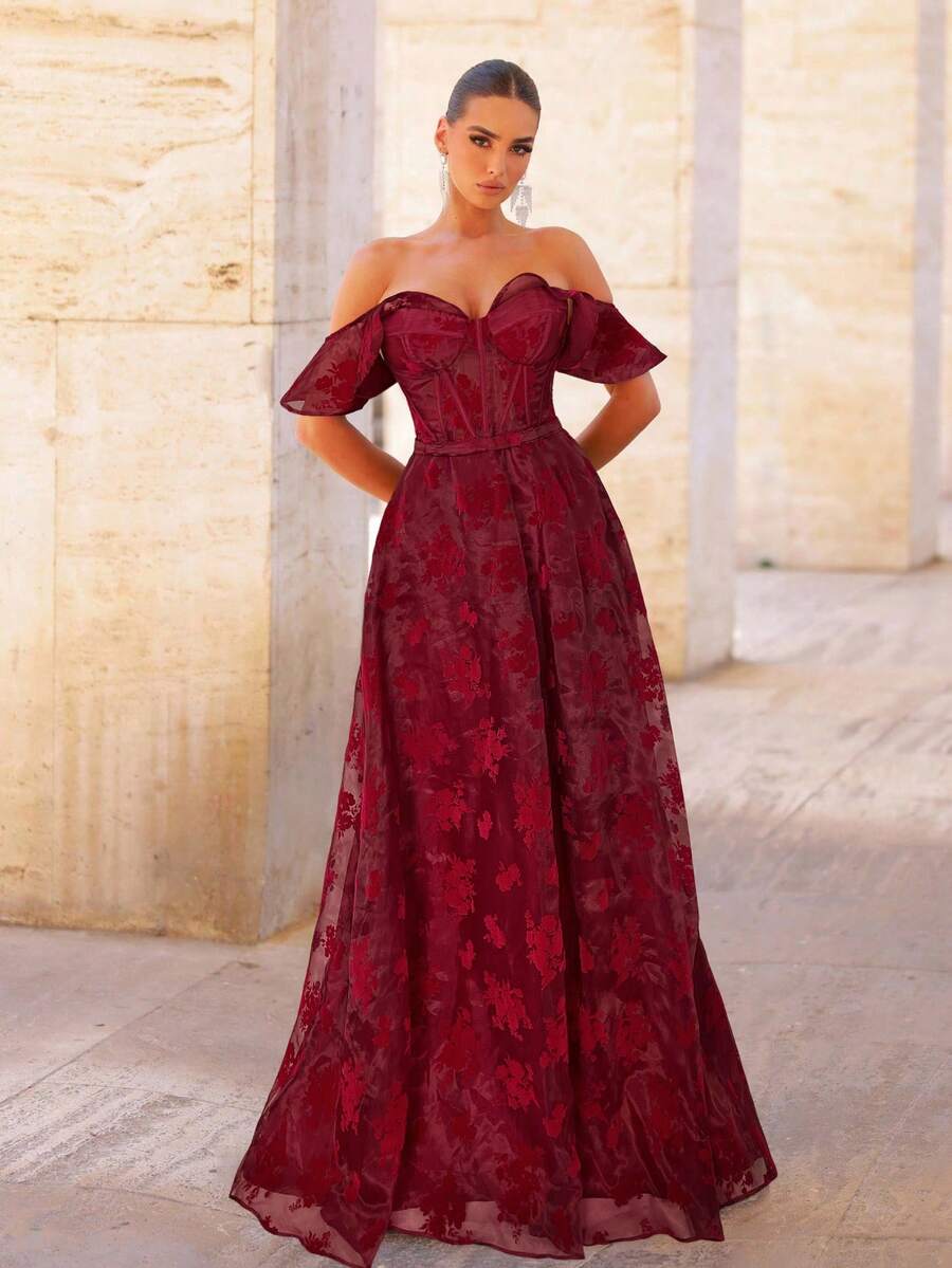 Glamrae Váy dạ hội trang trọng dài đến đầu gối xếp nếp cổ tròn bằng vải organza jacquard màu đen thanh lịch và sang trọng - Màu Đỏ Sâu - Xem 1