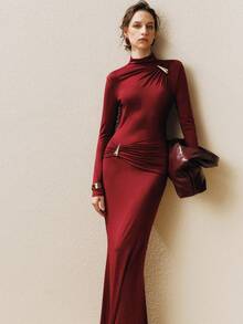 EMERY ROSE Vestido elegante de mujer para citas con cuello simulado con botones metálicos fruncidos, diseño de cintura ajustada, hecho de tela de punto elástica - Burdeos - Ver 4